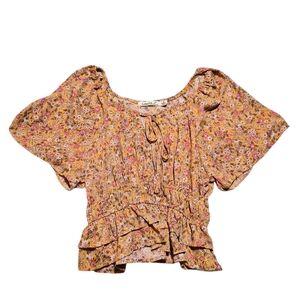 Liberty Love Mustard Floral Peasant Tie-Front Blouse